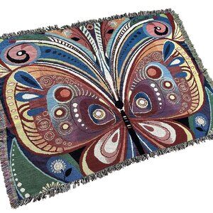 Butterfly Tapestry Throw Blanket 44 x 60 in Boho Style Woven Cotton Fringe